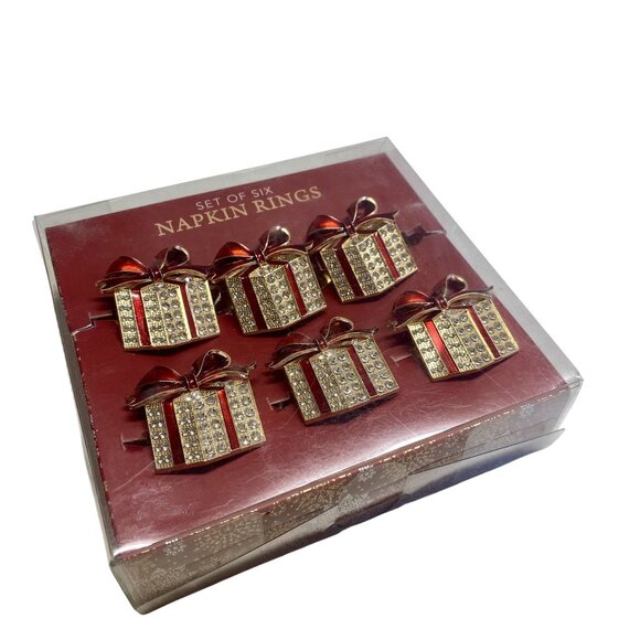Bedazzled Gift Box Napkin Rings With Red & Gold Bow Design - Picture 2 of 3